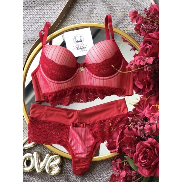 Conjunto Lingerie Listrada Vermelha Com Fundo Nude Shopee Brasil