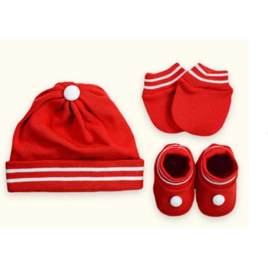 Kit Touca Luva e Sapatinho Tricot Tricô para Bebê Menino Menina RN 0 a 3 meses TRICART BABY - LISTRAS VERMELHO - PRONTA ENTREGA