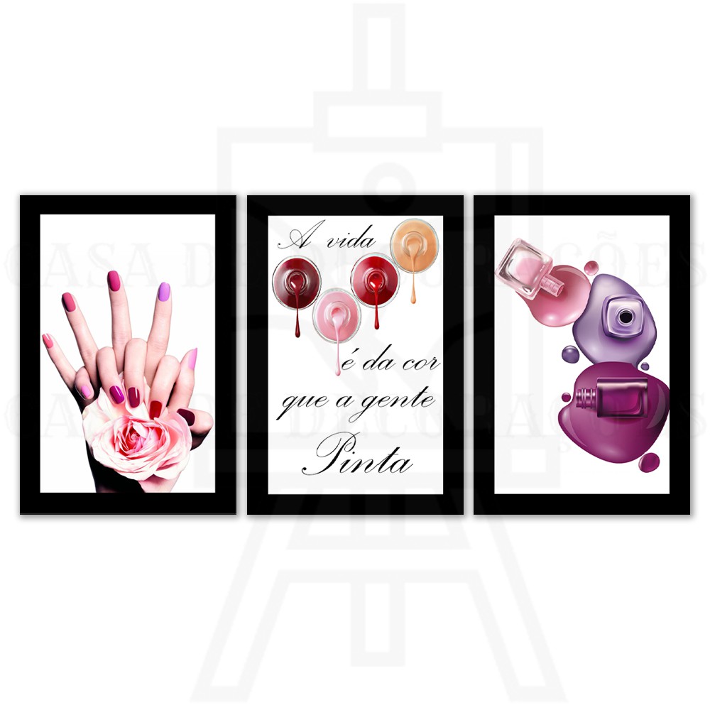 Kit Quadros Decorativos Mosaico 3 Peças Manicure Pedi cure Esmalte Unha  Salão de Beleza Mulher Modelo Sala Quarto Salão Colorido Abstrato Flor Rosa  Moderno Frase A Vida É Da Cor Que A