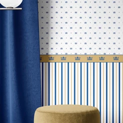 Papel De Parede Quarto Bebê Menino Azul Marinho Corôa Listra