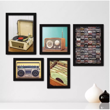 Quadros decorativos 5 peças - Rádio - Fita - Vinil - Vitrola - Vintage - 172kq01 Visu = 224