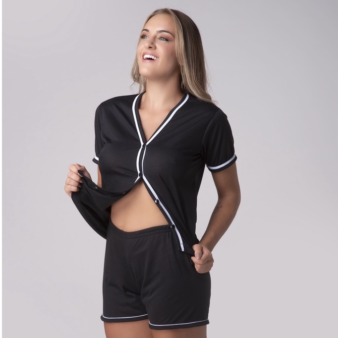 Pijama Blogueirinha Conjunto Americano Short Doll Botão Noite Dormir Feminino Amamentação Pós-cirúrgico 329