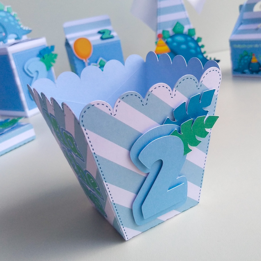 Kit com 5 Caixas Mini Cachepô Personalizada Dino Baby Azul 3d