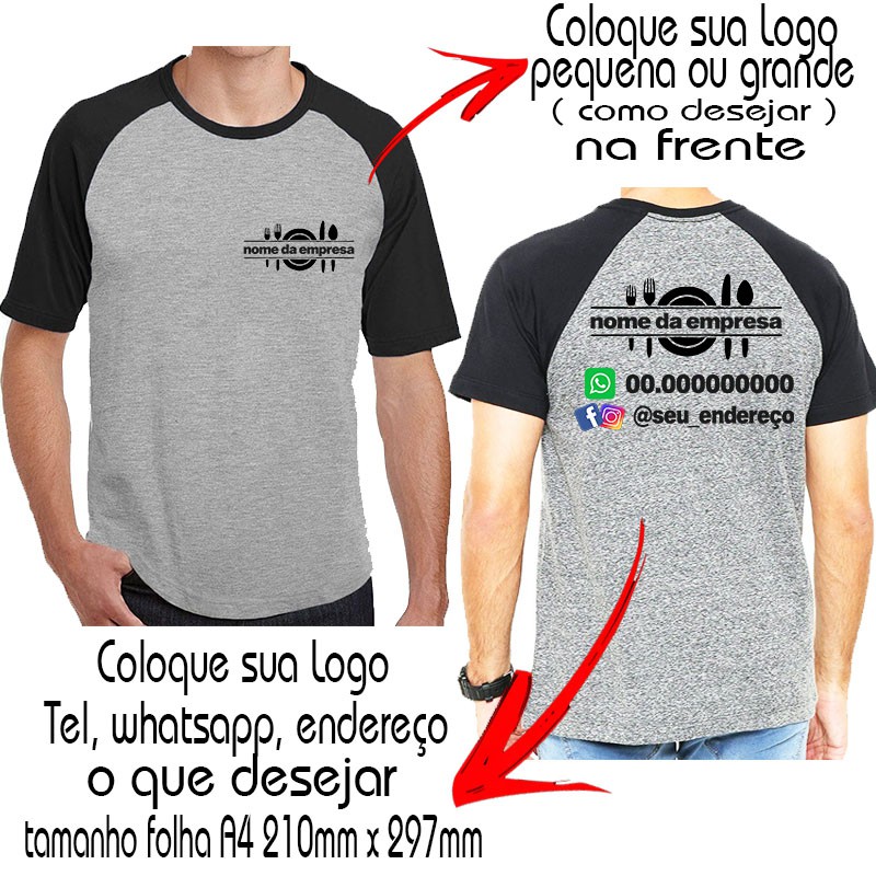 3 Camisetas Raglan Frente e Costas Camisa Uniforme Blusa Loja Logo