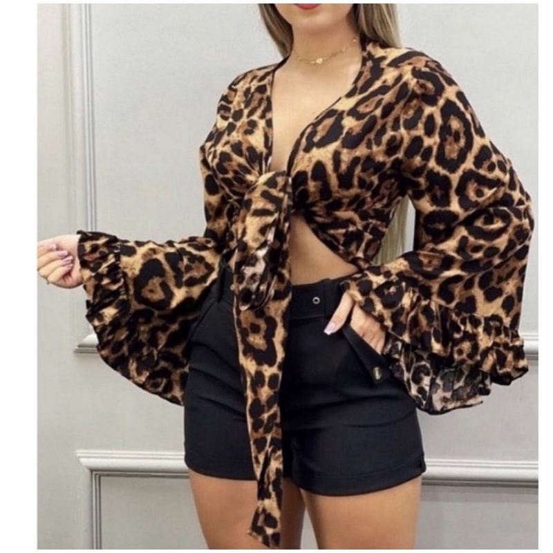 Blusa Cropped Amarrar Frente / Costa Manga Longa Flare Babado Amarração Multiformas