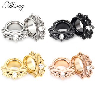 Alisouy 2pcs Zircônio De Aço Inoxidável CZ Retro Padrão Túneis De Orelha Plugues Expansores Brincos Maca Medidores Jóias De Perfuração Do Corpo