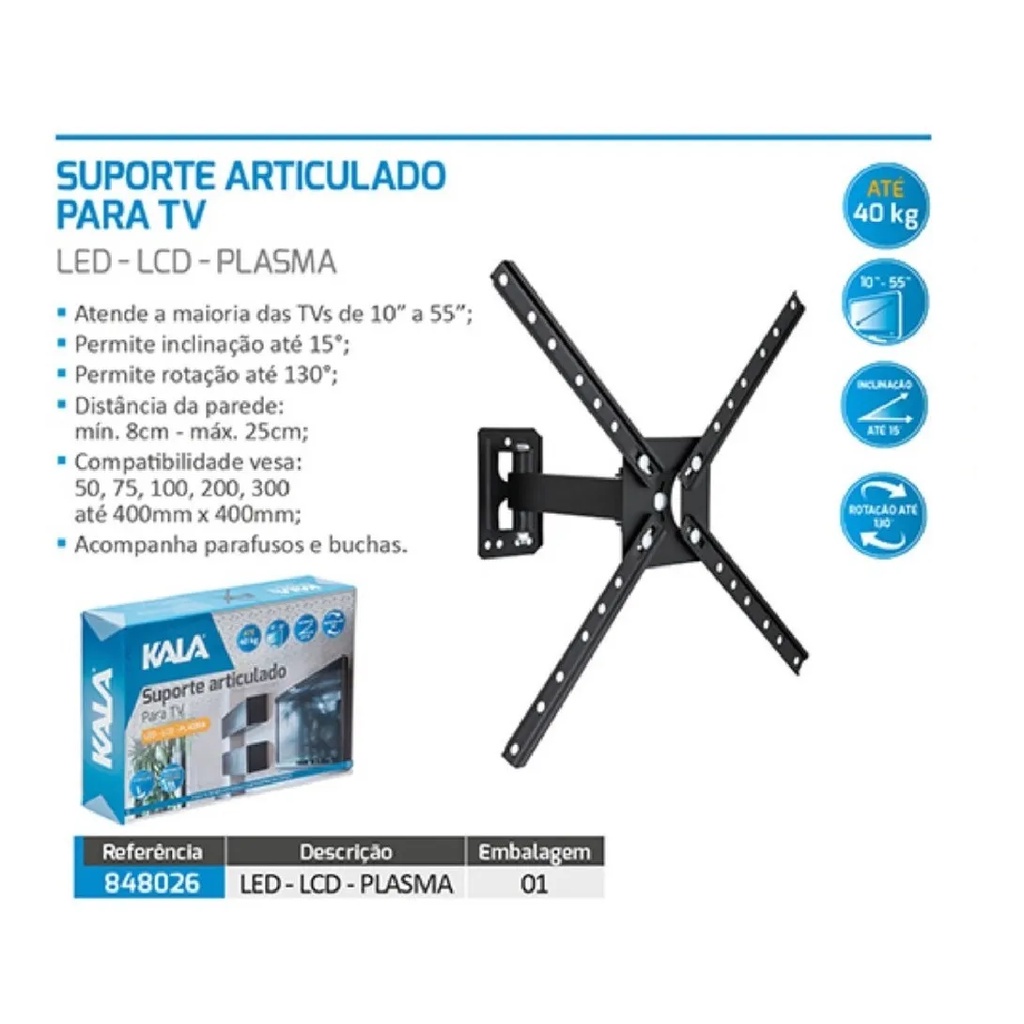 SUPORTE PARA TV ARTICULADO LCD LED 10 A 55 POLEGADA0S 3 MOVIMENTOS PRETO KALA