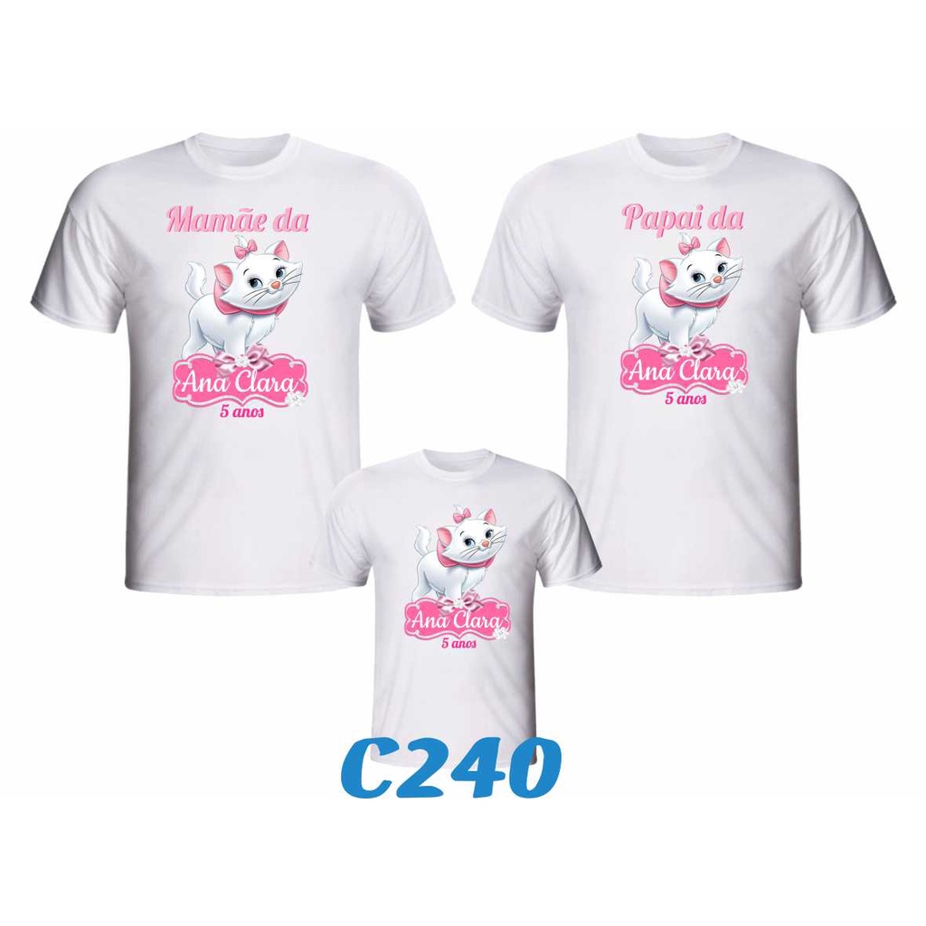 Kit 3 Camisetas "Gata Marie " Personalizada para aniversário da Gatinha Marie para festa temática