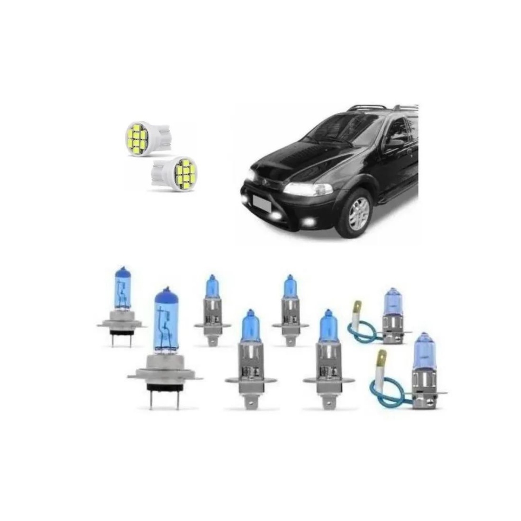 Kit Lâmpadas Palio Strada Adventure G2 2000, 2001, 2002, 2003, 2004, 2005  Farol H7 H1 Auxiliar Oval H3 e Milha H1