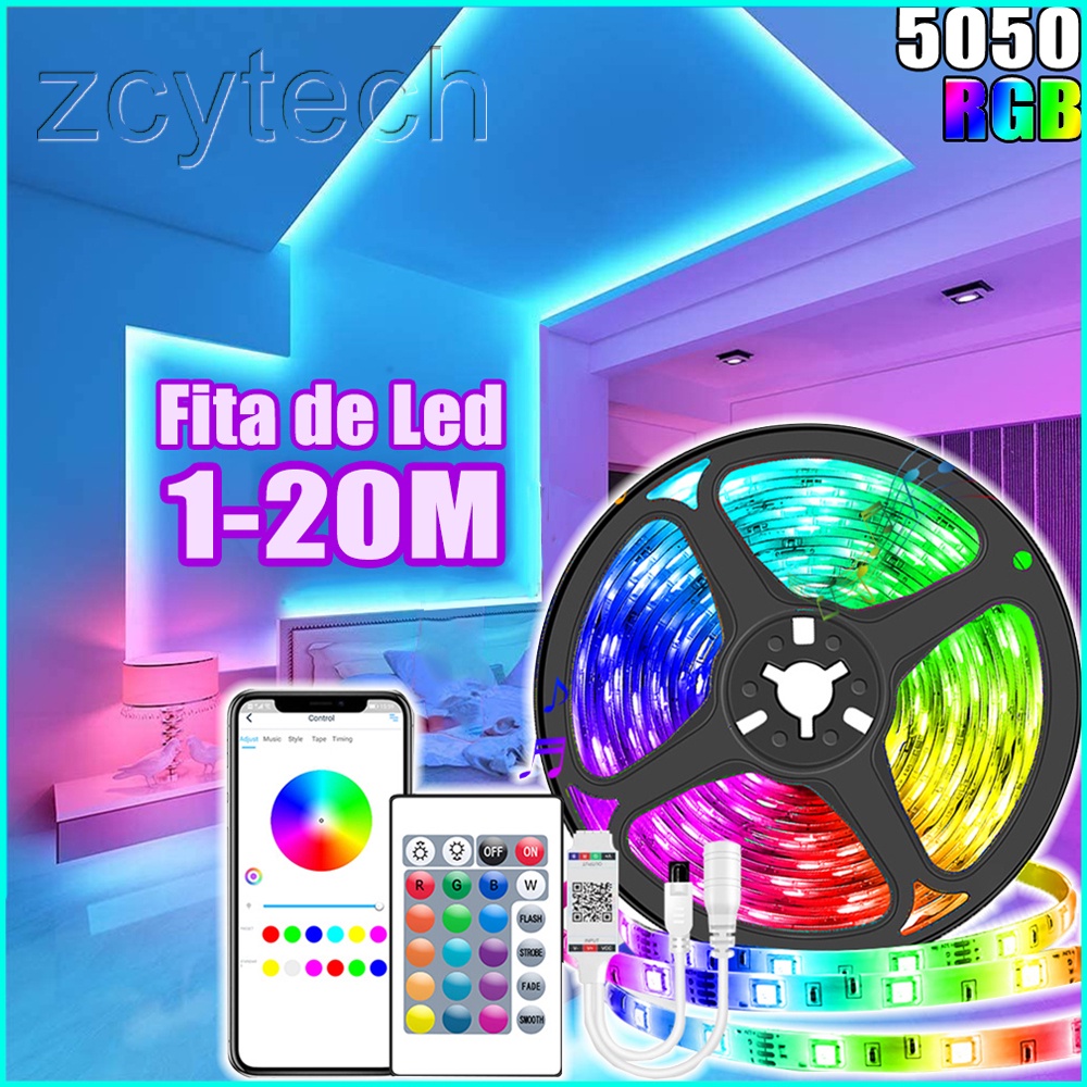 Fita LED 20 Metros 5050 RGB Bluetooth APP USB luz e controle remoto infravermelho, por quarto sala tv computador decoração