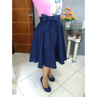Saia Midi Moda Evangélica Feminino Cintura Alta Godê Total Envelope Com Cinto Laço Confortável Ate o joelho