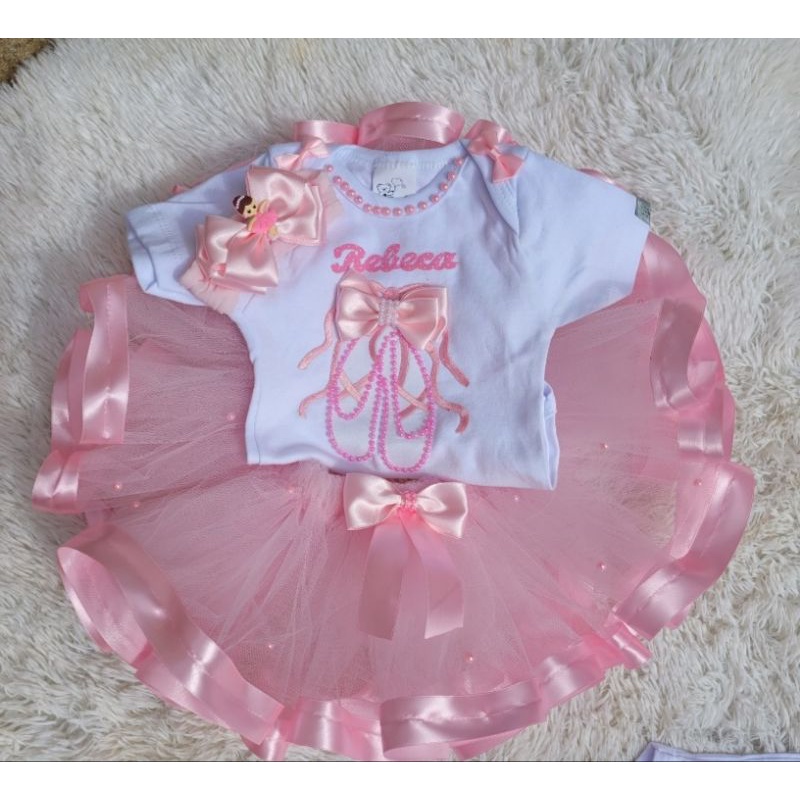 Roupa De Aniversário Bailarina + saia de  Tutu +  Body personalizado com Nome + Faixa e saia rosa ballet