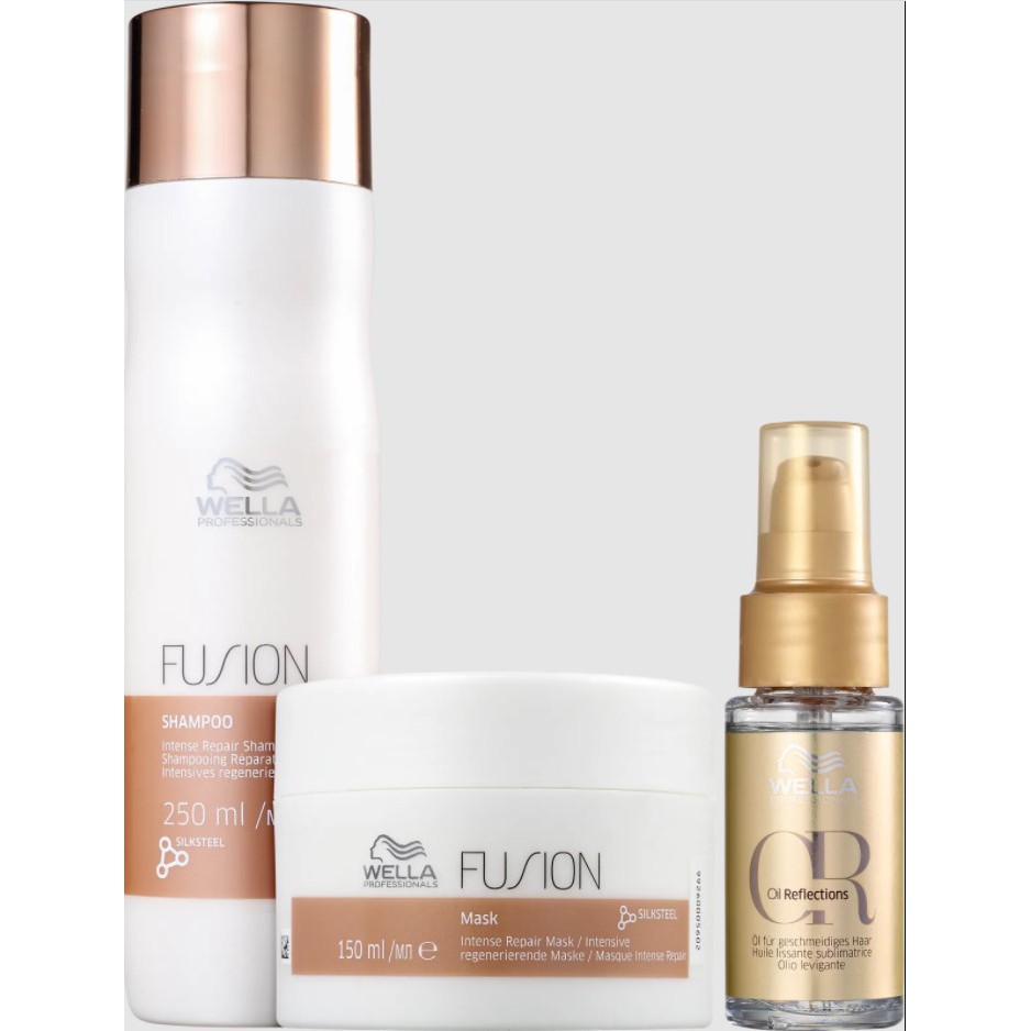 Kit Shampoo Fusion 250ml + Máscara Fusion 150ml + Óleo Oil Reflections 30ml Wella