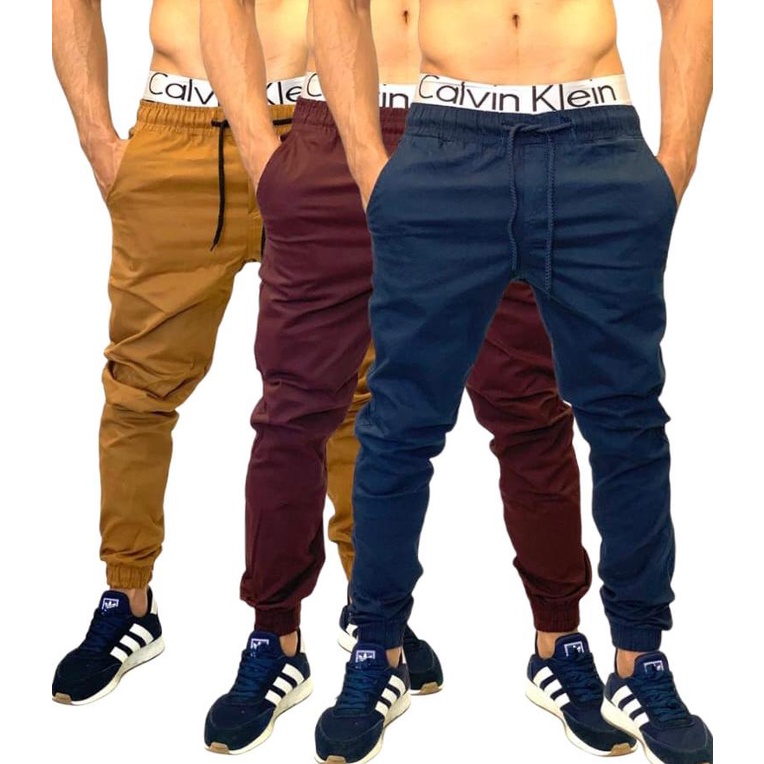 Calças Jogger Sarja e Jeans Masculina Kit 3 Co LYCRA Lisa e Rasgada C Elástico Cordão PRONTA ENTREGA