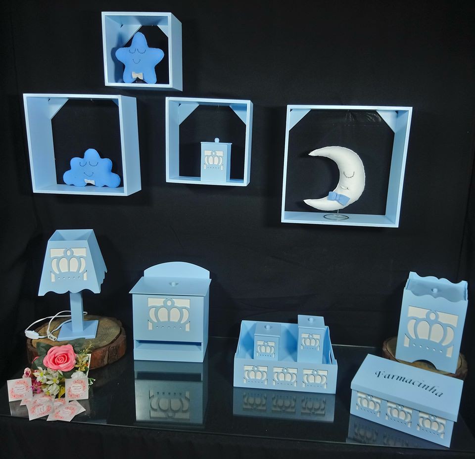 Kit Higiene bebê mdf 8 pçs + 4 Nichos Azul - COROA AZUL (Pronta Entrega)