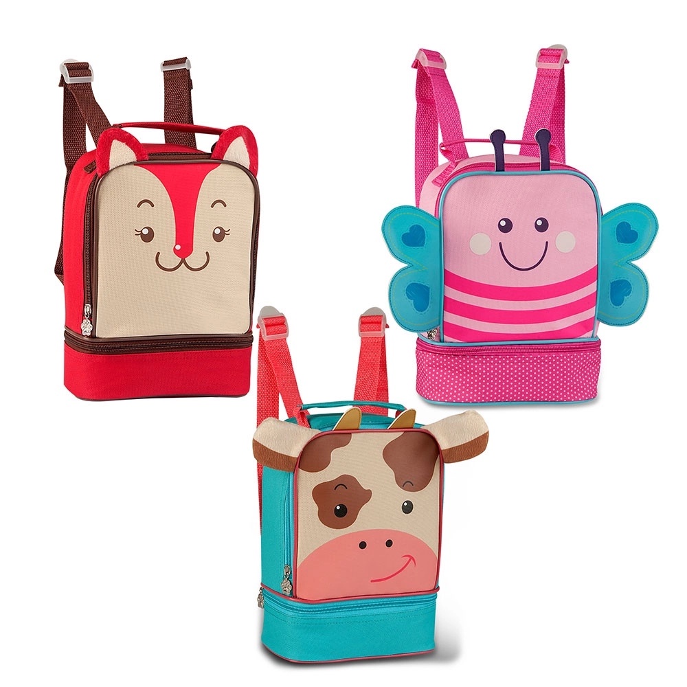 Mochila Lancheira Térmica Infantil Clio Pets Vaquinha Raposa Borboleta Cacto Lhama