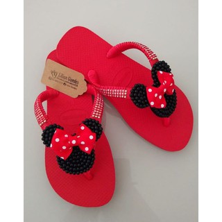 Chinelos Femininos Havaianas Decorado com aplique da Minie adulto/ Infantil.