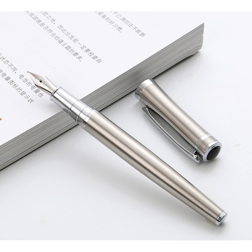 Caneta Tinteiro Baoer 3035 Aço Inox. Com 3 Cartuchos Tinta