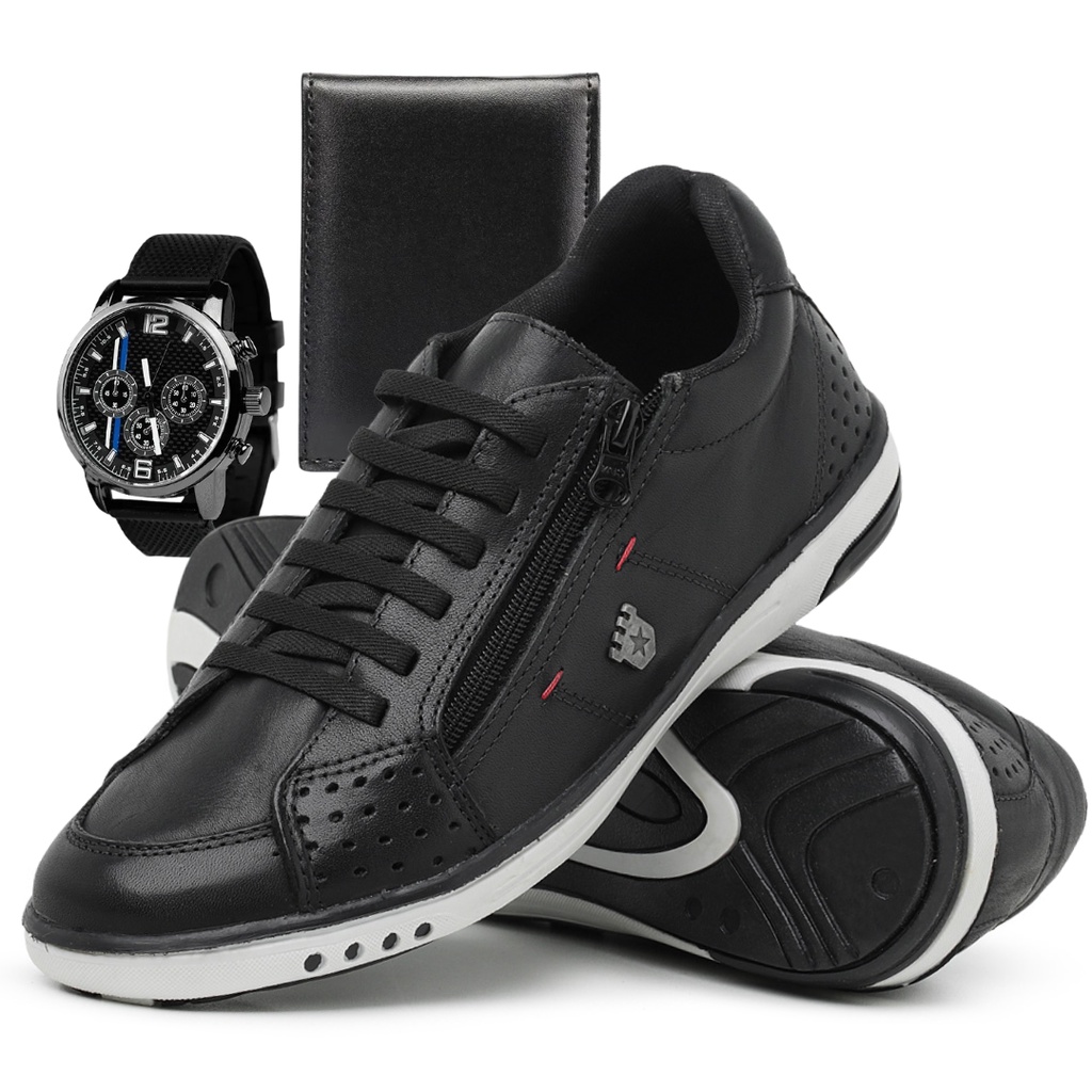 Sapatenis Masculino Casual com Cadarços Acessórios Relógio e Carteira