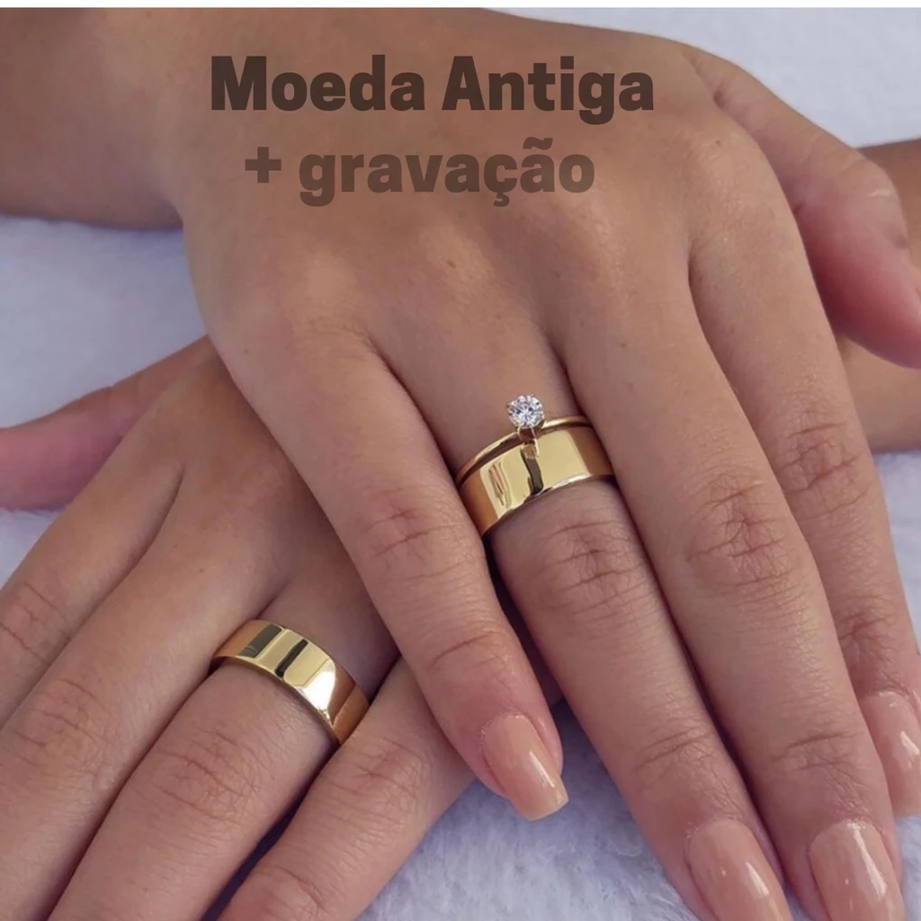 Par Aliança Reta 5mm Moeda Antiga + Anel Solitário + Nome GRAVADO