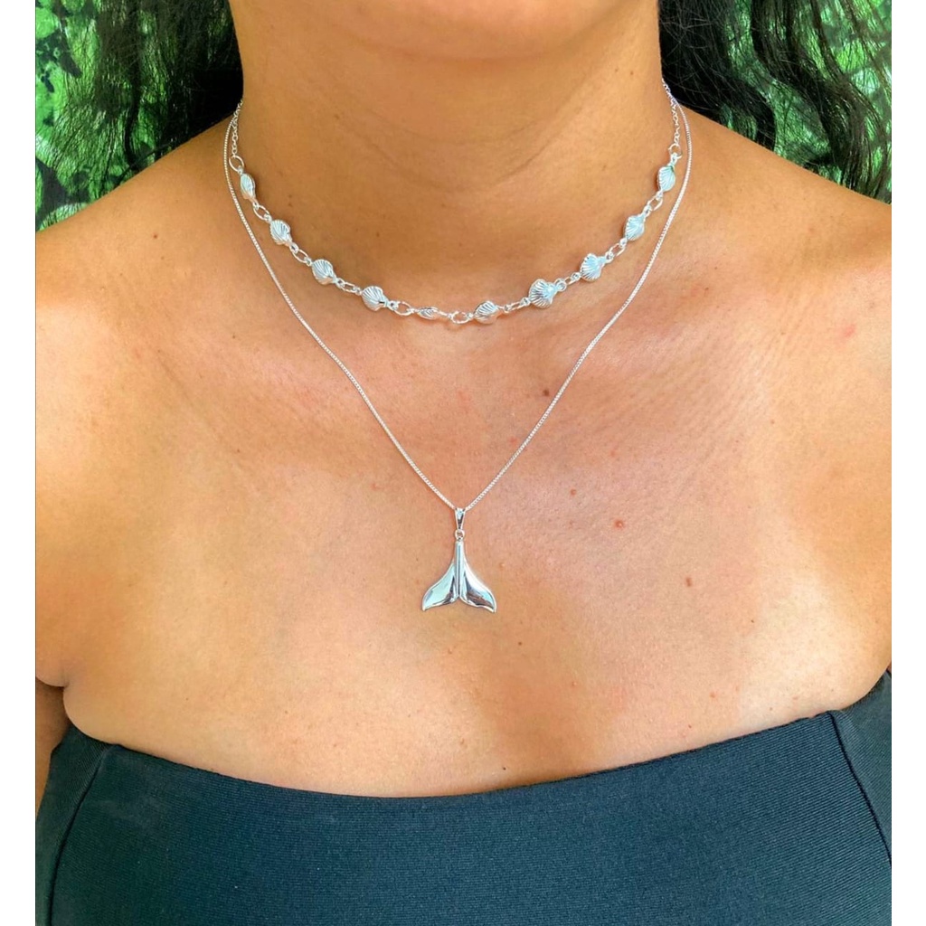 Colar Feminino Choker Concha Buzios Folheado a Prata 925 + Cordão Corrente Calda Rabo de Sereia Pingente de Baleia
