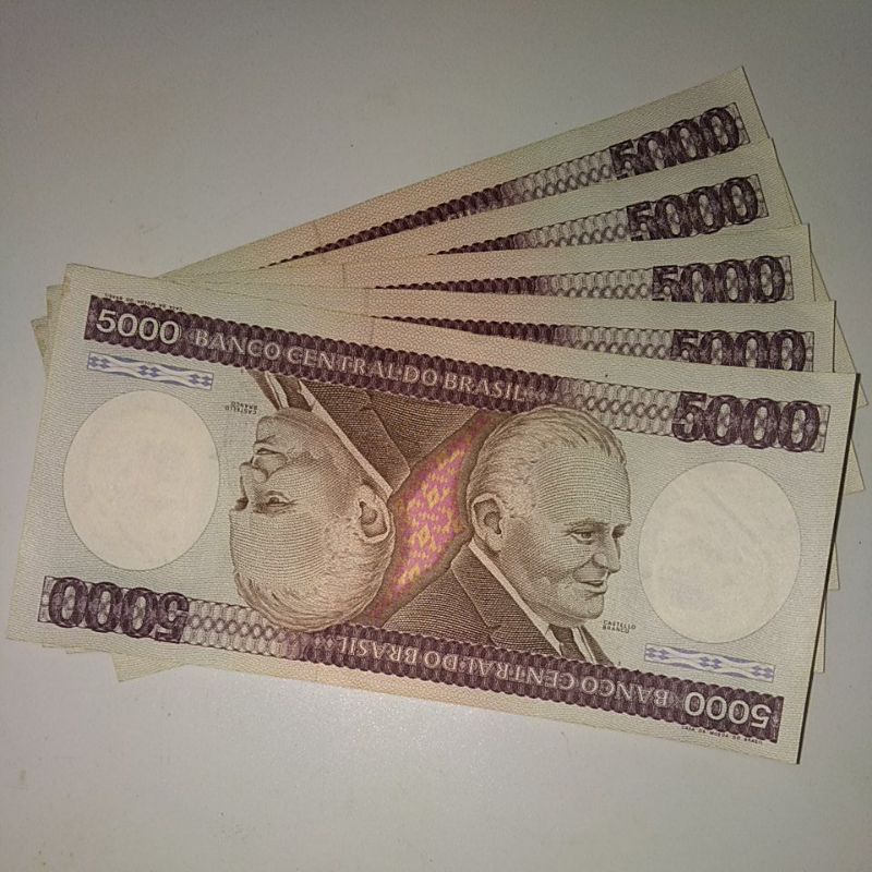5 Cédulas Sequenciais 5000 Mil Cruzeiros Castello Branco Flor de Estampa