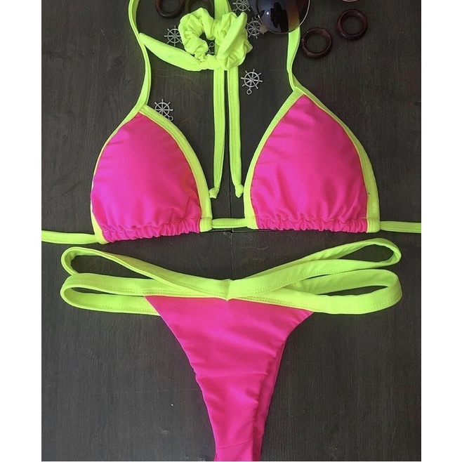 Biquíni Kiara rosa neon com amarelo neon - com bojo removível