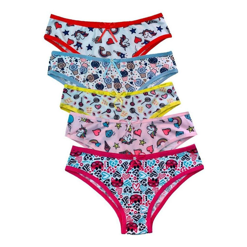 Kit 5 Calcinhas Infantil de Menina Microfibra Estampadas Coloridas Confortável Ótima Elasticidade