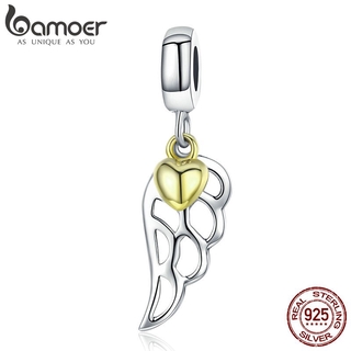 Bamoer 925 Sterling Silver Penas Asas Pingente De Ouro Cor Do Coração Charme fit Charm Bracelet & Colar Jóias SCC838