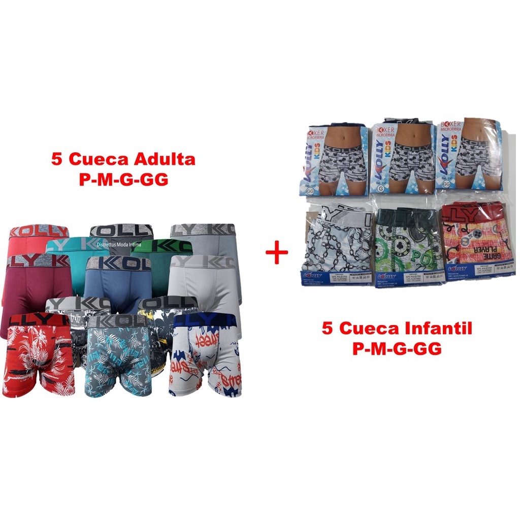 Kit 5 Cuecas Adulto + 5 Cuecas Kolly Infantil Juvenil Box Boxer Shortinho Microfibra Atacado