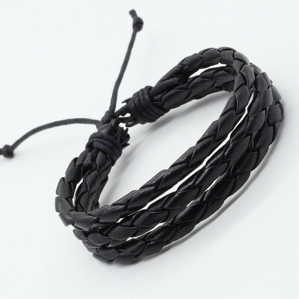 Pulseira bracelete masculino feminino de couro preto marrom 3 volta regulável três camadas