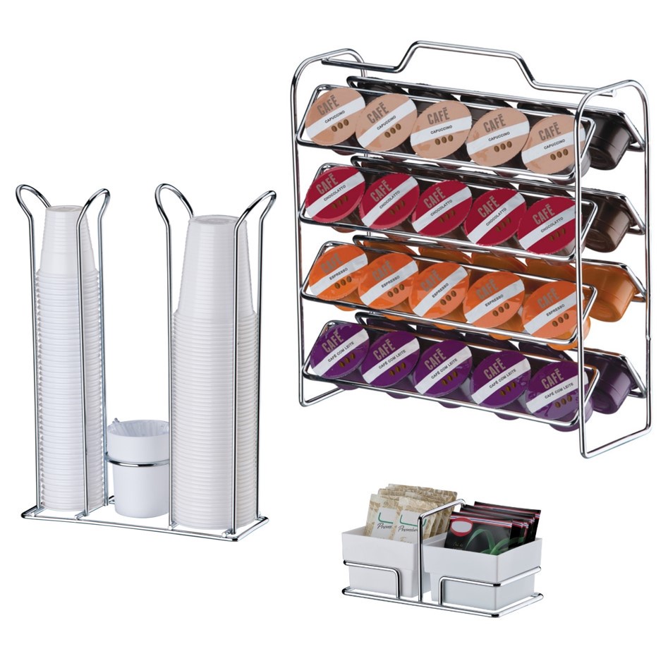 Kit Suporte 40 Cápsulas 3 Corações + Porta Copos Duplo + Suporte Saches - 1146 Cromado Future