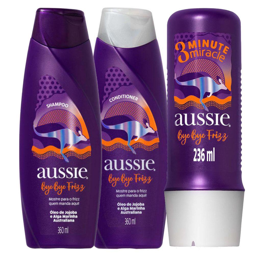 Kit Aussie Bye Bye Frizz: Shampoo 360ml + Condicionador 360ml + Tratamento 3 Minute Miracle 236ml em Oferta na Shopee