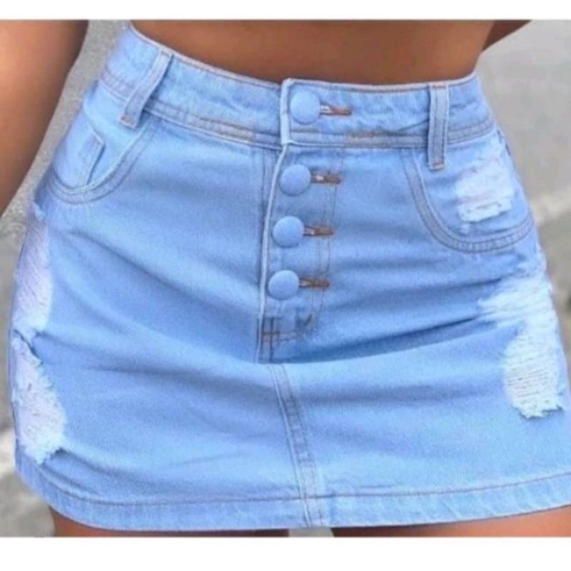 saía jeans plus size cintura alta botões encapado sem Lycra. em Oferta na Shopee