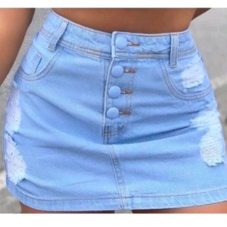 saía jeans plus size cintura alta botões encapado sem Lycra.