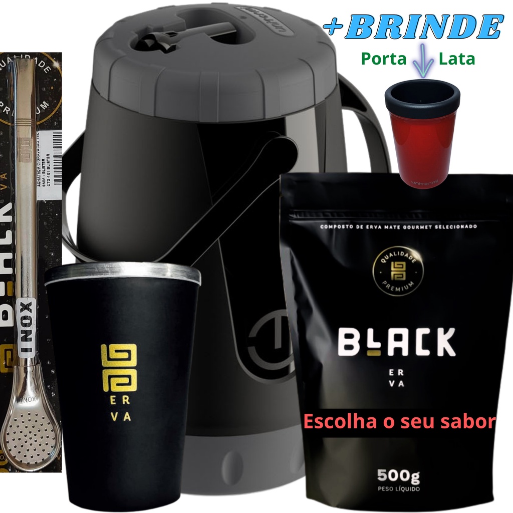 Kit Para Tereré Garrafa Pávia Bomba Inox Copo Alumínio Térmico Black Erva Mate 500g Escolha Sabor