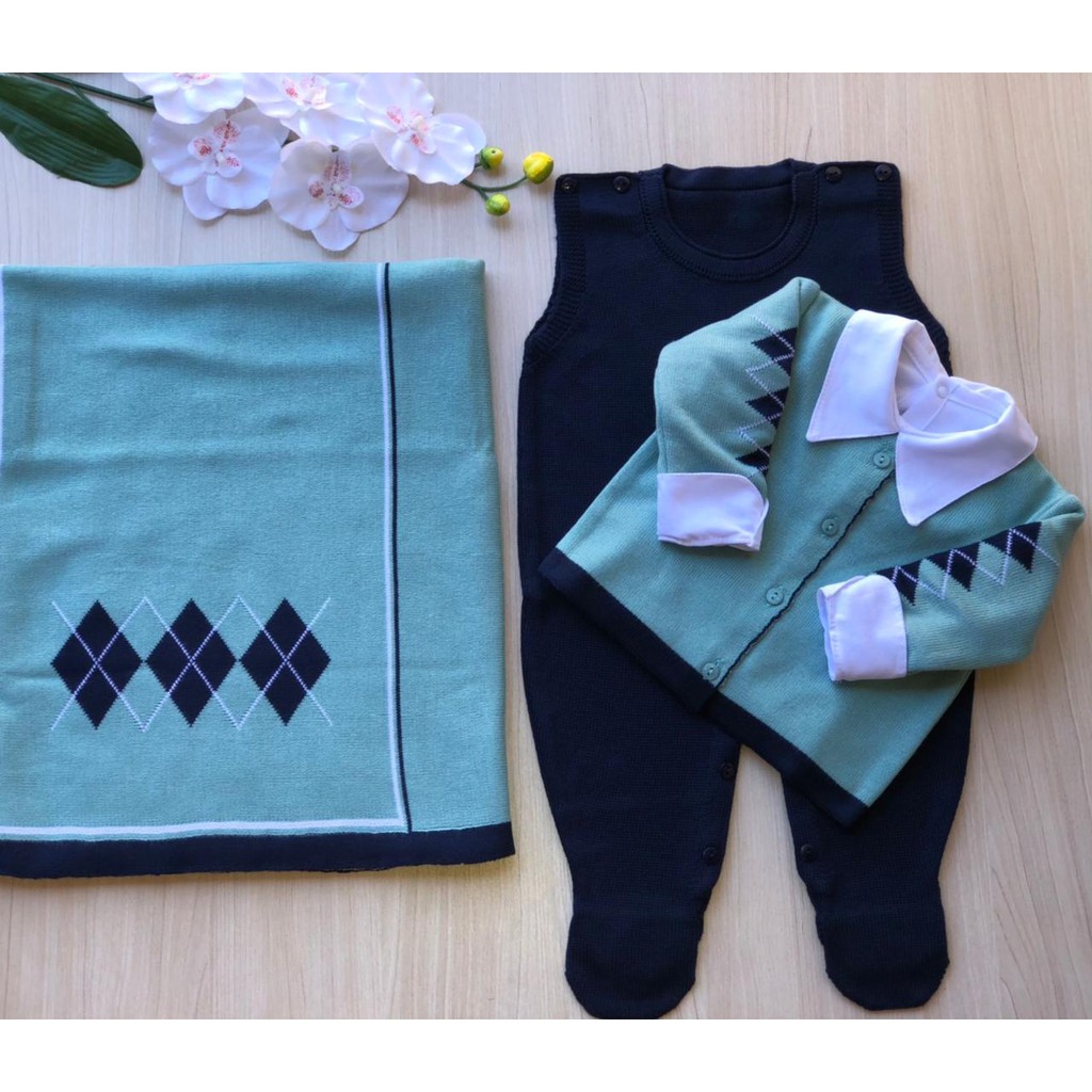 Saída de maternidade menino menino escocês verde tricot 4 peças completa