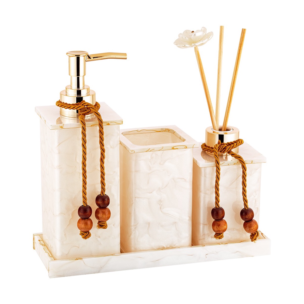 Kit Saboneteira / Jogo Lavabo / Kit Banheiro Em Acrílico Mármore 04 Itens (Saboneteira / Pote Multiuso / Difusor / Bandeja) - Acribom