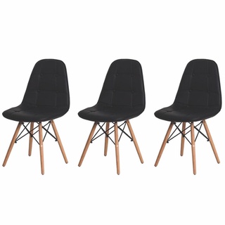 Kit 3 Cadeiras Para Mesa De Jantar Estofada Charles Eames Eiffel Botone Preta Base Madeira Wood