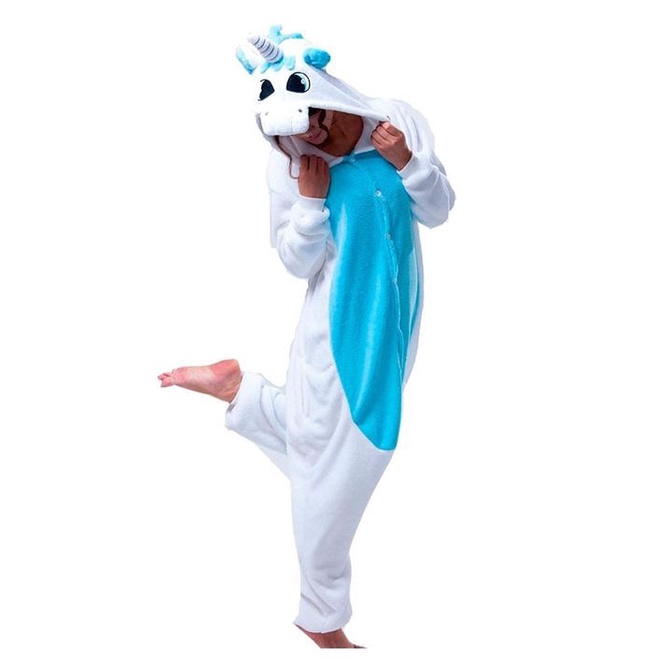Fantasia Macacão de Unicórnio Kigurumi Adulto Branco e Azul Com Gorro em Oferta na Shopee