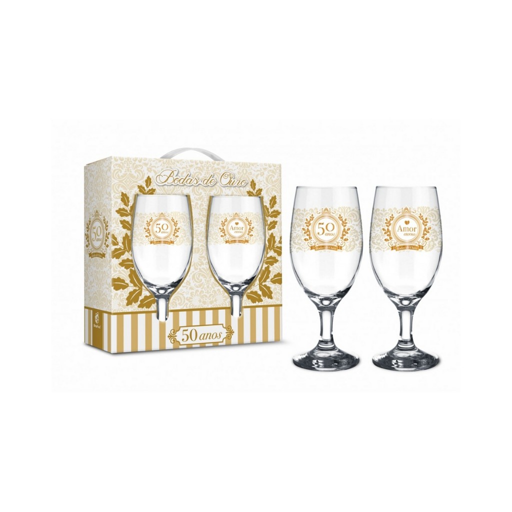 Aniversarios Bodas de Plata/Oro Set/Estuche de 2 Copas de champán para Novios Aplique bilaminado. colección Gastro-ALIANZAS 