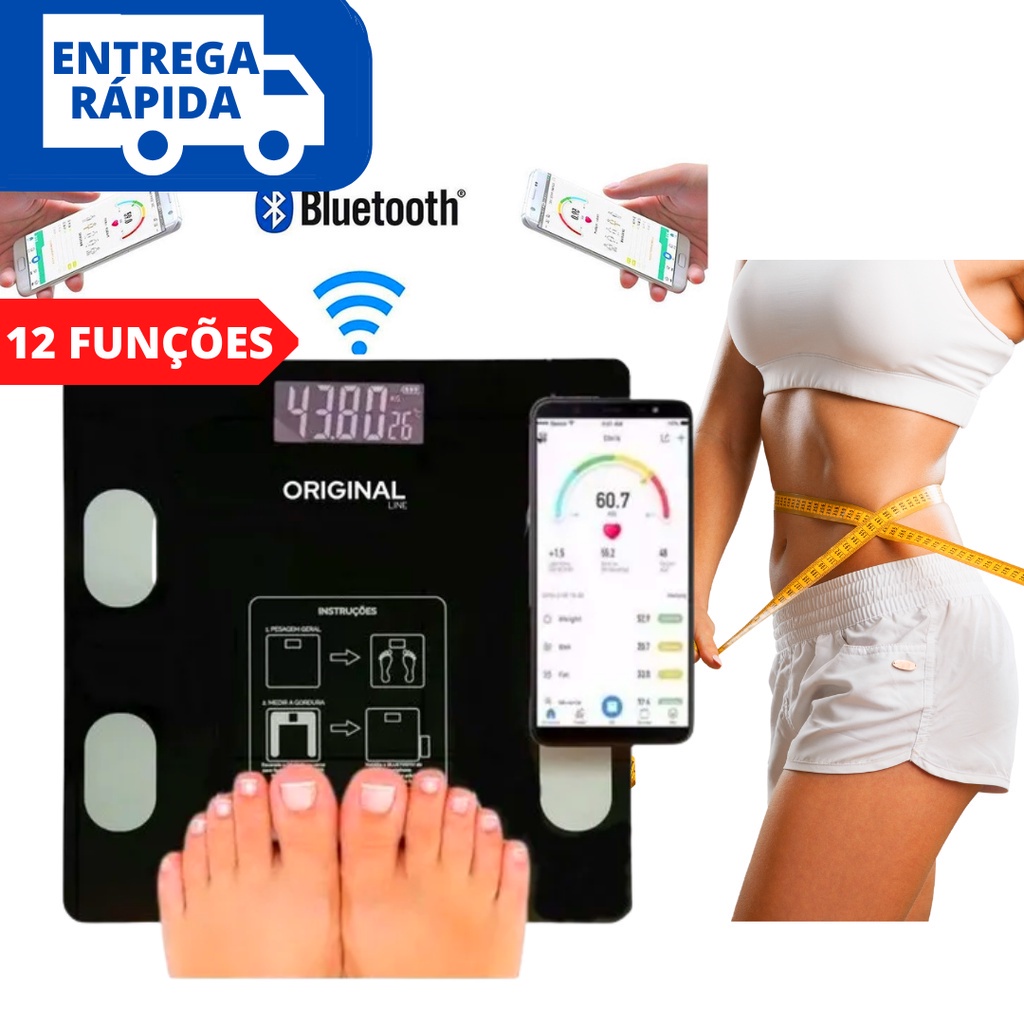 Balança Digital Corporal Bioimpedância Bluetooth Inteligente 12 Funções Imc Gordura Até 180kg ORIGINAL