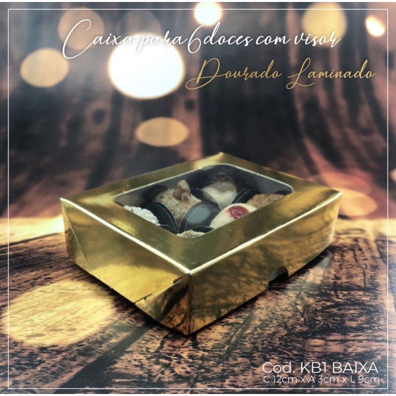 10 Caixas para 6 Doces de natal com visor Dourado Laminado Metalizado  com visor 12x3x9 - KB1 Baixa - Home & Living