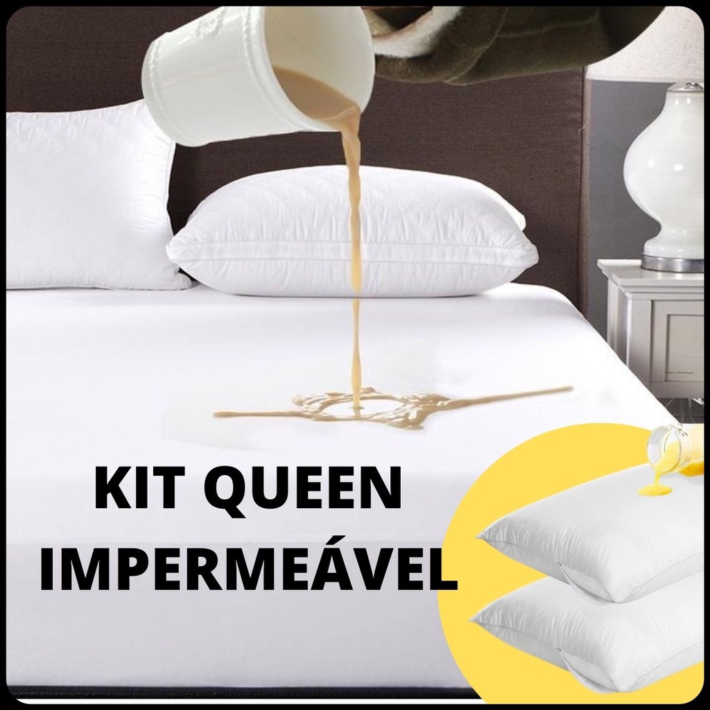 Kit Capa Protetora de Colchão Queen Impermeável + 2 Capas Protetoras de Travesseiro Impermeáveis