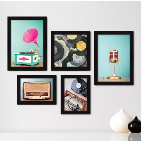 Kit Com 5 Quadros Decorativos - Rádio - Vitrola - Microfone - Vinil - Vintage - 171kq Visu = 43