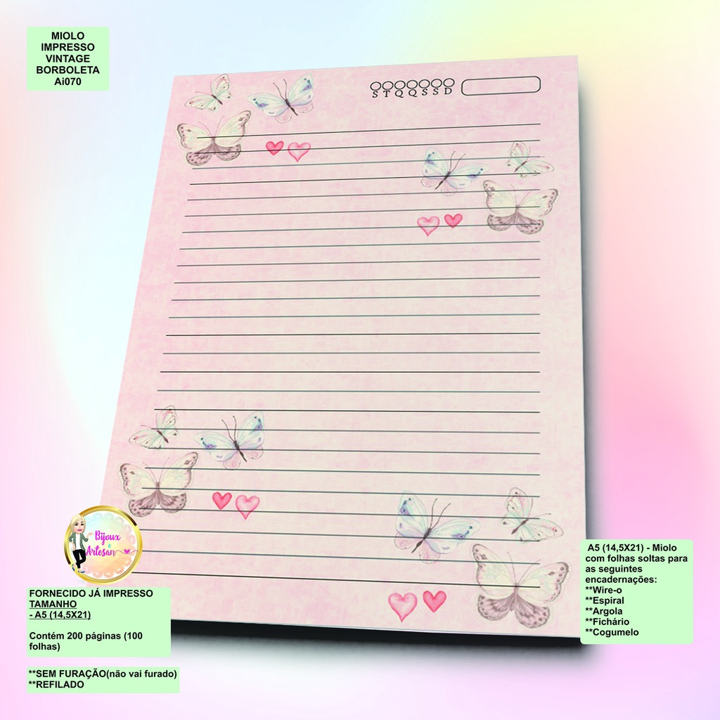 100 FOLHAS - MIOLO IMPRESSO P/ CADERNO/DIARIO/BLOCO (REFIL) TAMANHO A5 (14,5X21)