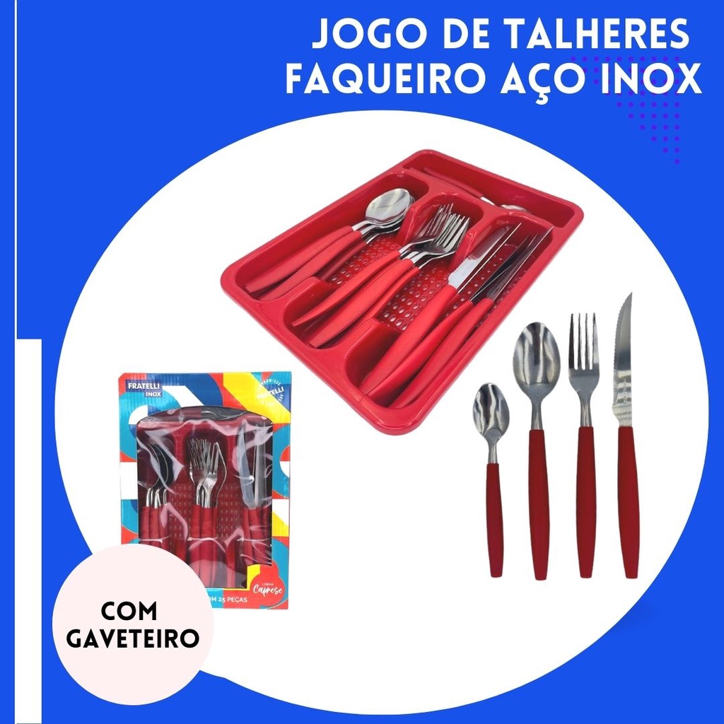 Jogo De Talheres Faqueiro Aço Inox Com Gaveteiro Vermelho Shopee Brasil