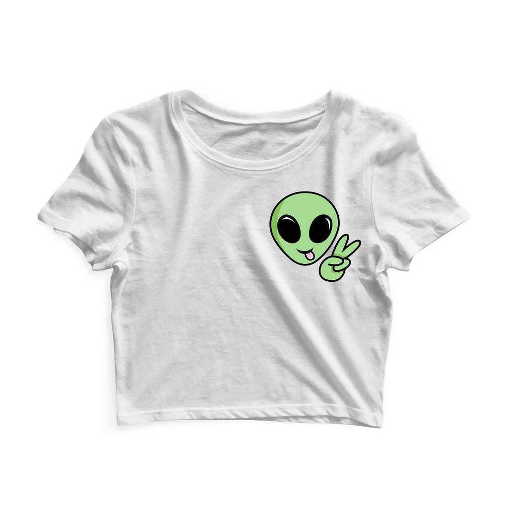 Cropped Manga Curta Feminino As Braba Alien Paz e Amor Lateral