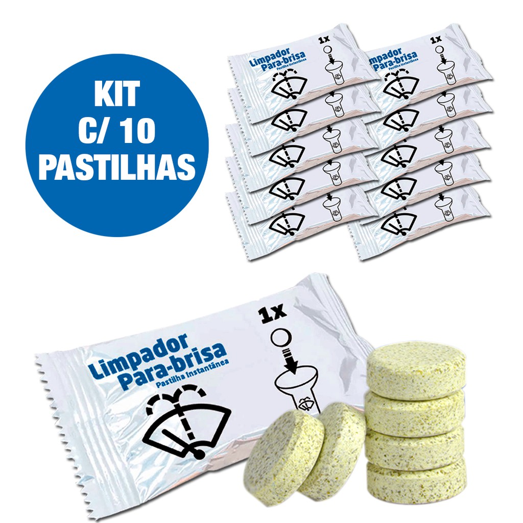 10 Pastilhas limpa para-brisas detergente limpa vidros concentrado dose única trata reservatório até 4 litros. Embalagem com 10 unidades. Cor âmbar, deixa a água do reservatório amarelo fluorescente.
