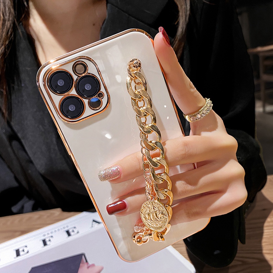 Capa De Celular De Luxo Metalizado Dourado Com Corrente E Pulseira Para ...